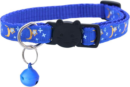 Set of 2: KioKatt Celestial Nylon Cat Collars with Matching Bells – Adjustable Breakaway Safety Collars for Adult Cats, 7–11" (Green + Blue)