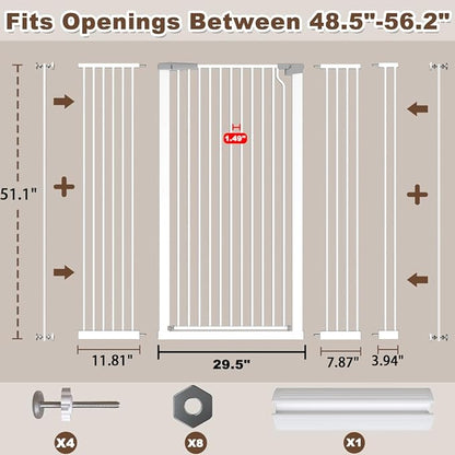 Fairy Baby 51.18" Extra Tall Pet Gate for Doorways, 48.5"-56.2" Extra Wide Long Baby Gate for Stairs, Metal Pressure-Mounted Walk-Through Dog Gate, Auto Close Safety Child Gate Indoor Use, White