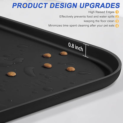 Silicone Pet Feeding Mat with Raised Edge for Food and Water, Dog Bowl Mats, Cat Bowls Placemat with High Lip for Floor Waterproof, Rubber Tray for Cats and Dogs 22 x 14 x0.8 Black