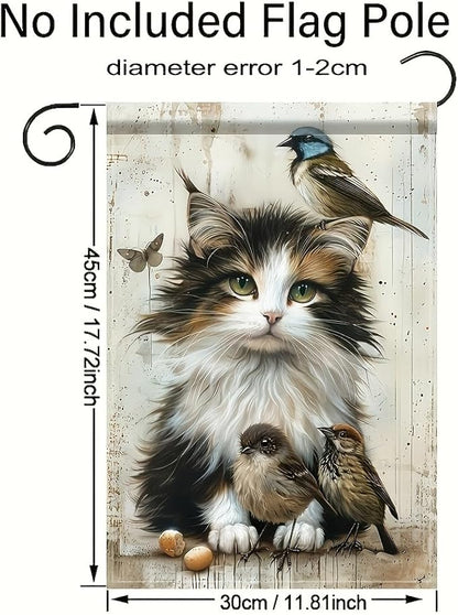Cat and Birds Garden Flag 12x18 Inch Double Sided Outdoor Yard Banner Fluffy Kitten with Songbirds Design for Spring Summer Porch Lawn Home Decoration