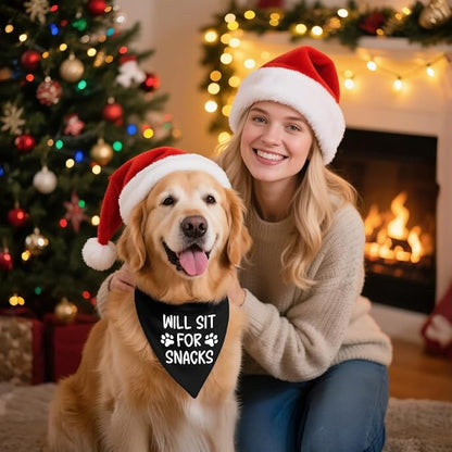 Will Sit for Snacks Black Dog Bandana, Puppy Scarf Accessory Photo Prop for Dogs Lover, Funny Quotes Birthday Puppy Scarf Accessory, Mother's Day Birthday for Dog Mom Dad