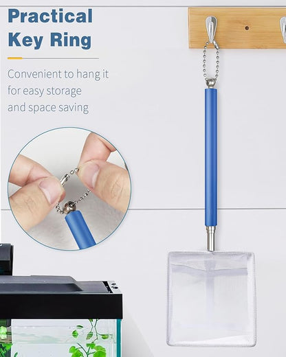 Pawfly 3 Inch Tiny Fish Tank Net, Aquarium Shrimp Net with Extendable Stainless Steel Handle for Shrimp Baby, Food Residue Debris, Soft Square Fine Mesh for Fish Tanks & Small Ponds