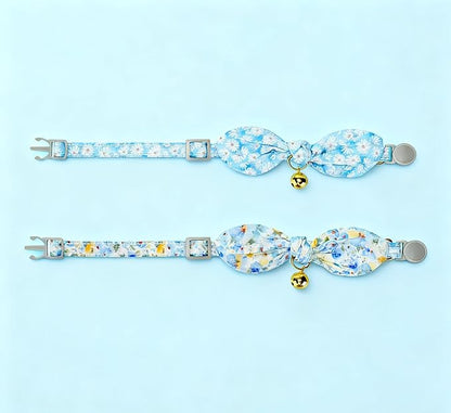 Bunny Ear Bowtie Cat Collar with Bell 2 Pack Cotton Breakaway Kitten Collars with Removeable Bow Stylish Cat Collars(Floral Blue)