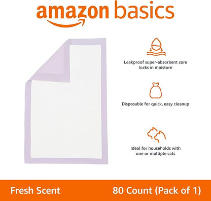 Amazon Basics Cat Pee Pads, Odor Control, Super Absorbent, Disposable, Universal Fit for Litter Box, Fresh Scent, Multi Cat, White/Purple, 80 Count