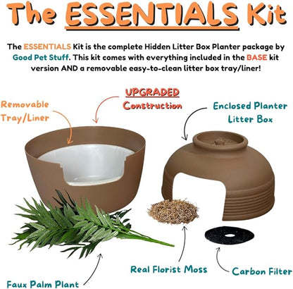 Good Pet Stuff Hidden Litter Box Planter, Decorative Cat Litter Enclosure with Carbon Filter, Artificial Plant, Easy Clean, Removable Liner, Round Style, Essentials Kit, Chestnut Brown