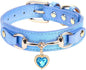 THAIN Fashion Dog Collar with Bling Diamonds & Heart Charm – 5 Holes Adjustable PU Leather Rhinestones Necklace Collar, Gold Buckle for Medium Dogs boy (Blue, M)