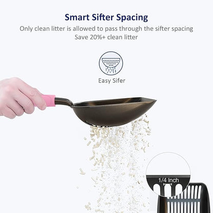 WePet Cat Litter Scoop, Non-Stick Plated Aluminum Alloy Sifter, Kitty Durable Metal Scooper, Deep Shovel, Long Handle, Kitten Pooper Lifter, Size Medium, Coated Black Body with Pink Handle