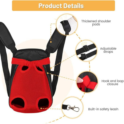 Inspack Dog Backpack Carrier/Cat Carrier, Adjustable Pet Front Carriers Travel Bag for Puppy Medium Dogs, Legs Out, Soft Ventilated Doggie Chest Carry Backpacks for Hiking/Camping, 2.5-4 lbs, Red