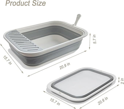 Senior Cat Litter Boxes, Collapsible Open Low Entry Cat Litter Pan with Scoop Travel Kitten Potty Foldable Pet Toilet for Sick Disabled Older Elderly Cats Grey 20.9x15.7x5.7 inch