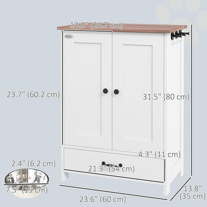 PawHut Pet Feeding Station, Elevated Dog Bowls, Dog Food Storage Cabinet with Hidden Bowls, Adjustable Panel, Hooks for Medium Sized Breed, White
