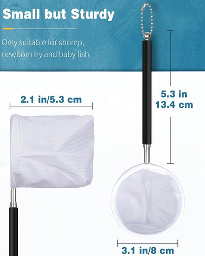 Pawfly Aquarium Shrimp Net - 3 Inch Tiny Fish Tank Net With Extendable Stainless Steel Handle, Soft Round Fine Mesh for Baby Fish, Food Residue, and Debris Skimming in Tanks & Small Ponds