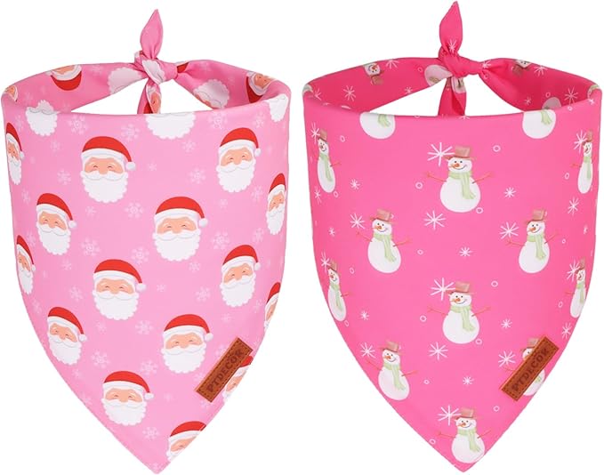 PTDECOR Christmas Dog Bandana, Santa Snowman Design Reversible Holiday Pet Scarf, Pink Triangle Fit Female Christmas Bandanas for Small Dogs Pets (Small)