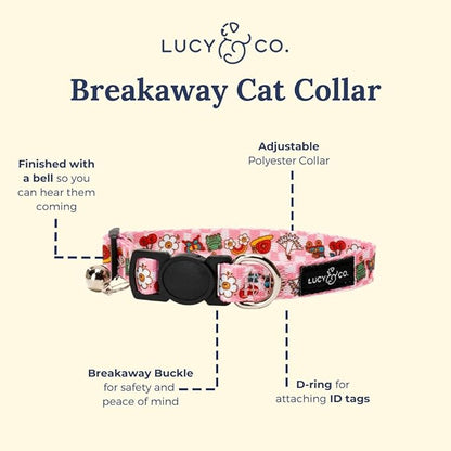 Lucy & Co. Cutie Patootie Breakaway Cat Collar with Bell – Designer Print Adjustable Safety Collar for Cats, Kittens & Small Dogs, Lightweight Pet Collar for Boy & Girl Cats – Small