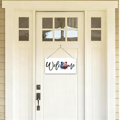 Welcome Sign for Front Door, Welcome Decor Wooden Hanging Sign for Wall Decor, American Bear Pattern Hanging Signs, Funny Wooden Outdoor Front Door Decoration 13.8X6.9 inches