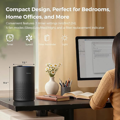 Purivortex Air Purifiers for Home, Quiet HEPA Air Filter for Pollen, Smoke, Dust, Pet Dander, Odor, Hair, Covers Up to 880 Sq Ft (Model: PX500 Black with Fragrance Sponge)