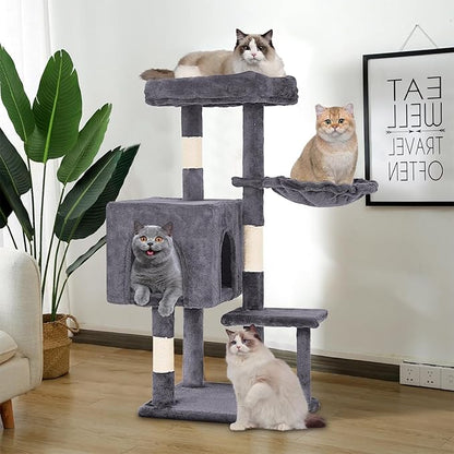 FDW | 37.8" Cat Tree Tower | Light Gray | Multi-Level Indoor Activity Center with Sisal Scratching Posts, Condos, Plush Perches, Hanging Cat Toys | Sturdy, Easy to Assemble | for Kittens & Adult Cats
