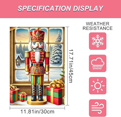 Christmas Garden Flag 12x18 Inch Nutcracker Soldier Decor Gift Box Snowy Pine Cottage Winter Forest Red Green Gold Classic Holiday Yard Lawn Outdoor Fence Decoration Tree Ornament Display