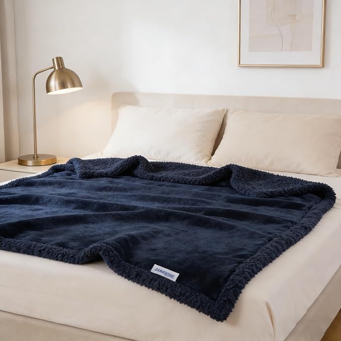 Waterproof Dog Blanket for Large Dogs - Reversible Washable Pet Blanket, Soft Sherpa Fleece Furniture Protector, Cat Throw Bed Couch, Navy,50"x60"