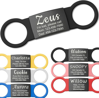 Anavia Slide On Silent Pet ID Tags, S/M/L/XL Personalized Black Stainless Steel Colored Silicone Cat Dog Name Tag, Customized Engraved Nameplate, Quiet Chew-Proof Pet Collar Tag (Black, Small)