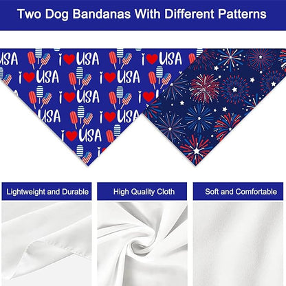 4th of July Dog Bandanas, Patriotic Holiday Party Pet Decorations 2 Pack, Adjustable Independence Day Bandana American Flag Triangle Bibs Cat Scarf Set