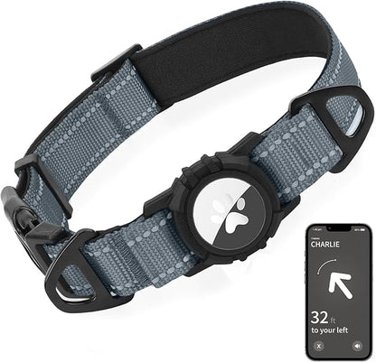 Joytale Airtag Dog Collar, Reflective Pet Collar with Waterproof AirTag Holder, Dual D-Rings, Soft Padded Adjustable for Extra Large Dogs, Gray, XL