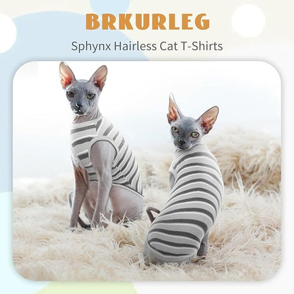 BRKURLEG Hairless Cats T Shirt, Cat Sweaters, Pullover Kitten Shirts, Sleeveless Round Collar Cotton Vest for Cornish Rex Devon Rex Peterbald and Small Dogs Sweater(Grey Stripes, XL)