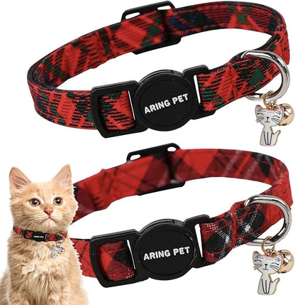 ARING PET 2 Pack Christmas Cat Collars-Cute Cat Collar Breakaway with Bell&Pendant, Adjustable Christmas Plaid Kitten Collars with Safety Buckle for Girl and Boy Cats