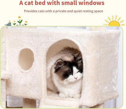 Hey-brother Cat Tree Tower, Scratching Posts with Removable Toys, Cozy Condo, Platform, Hammock, Sisal Scratch Board and Ball for Indoor Kittens, 41.3 Inches, Beige MPJ008SM