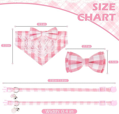 EXPAWLORER Cute Cat Collar Breakaway with Bells - 2 Pack Adjustable Plaid Pet Collar with Removable Bow Tie and Bandana, Safety Buckle for Girl Boy Cats Kitten, Pink Plaid