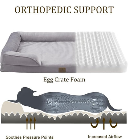 Bedfolks Orthopedic Dog Bed, Big Waterproof Dog Sofa Bed for Large Dogs, Egg Foam Pet Couch Bed with Removable Washable Cover and Nonslip Bottom, Light Grey