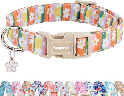 Faygarsle Colorful Floral Dog Collar, Cotton Fabric with Daisy Pattern, Multi-Color Stripes Spring Summer Design for Small Medium Large Dogs L