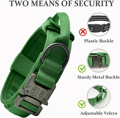 Tactical Dog Collar, Adjustable Military Training Nylon Dog Collar with Control Handle and Heavy Quick-Release Metal Buckle for Small Medium Large Dogs, Emerald Green L