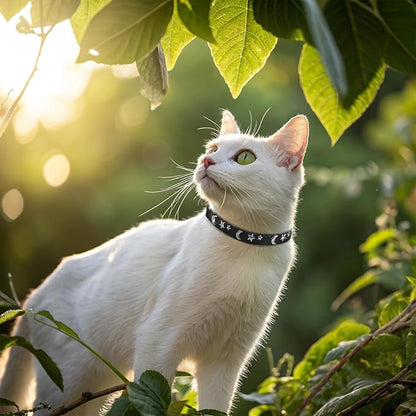 EXPAWLORER Cat Collar for Girl Boy Cats- Adjustable Leather Pet Collar with Safety Elastic Belt,Personalized Punk Accessories Buckle Collars with Bell & Durable D-Ring, Star & Moon