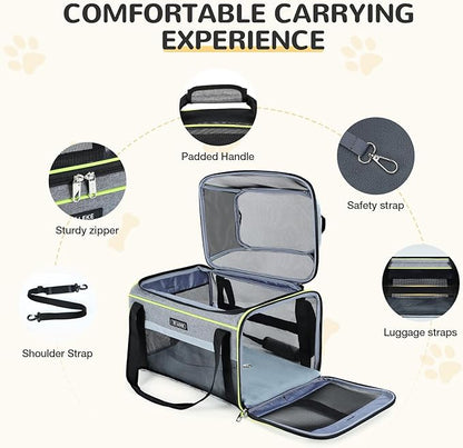 Lekereise Top-Expandable Pet Carrier 18x13x9.5 Inch Southwest Frontier Airline Approved Soft Sided Underseat to 15lbs Travel Carriers for Small Cats Dogs with Locking Safety Zippers Anti-Scratch Mesh