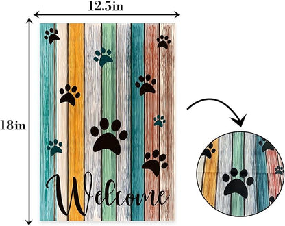 Welcome Paw Garden Flag,Welcome Spring Summer Garden Flag Colorful Footprint Summer Flag,Cat Dog Paws on Colorful Wooden Plank Yard Flag. 12x18 Double Sided
