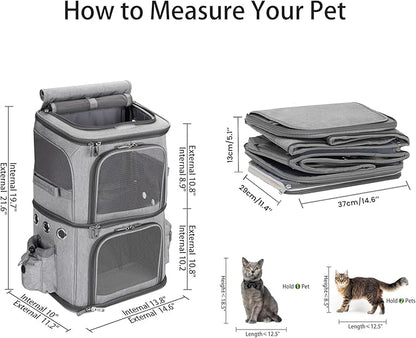 Double-Compartment Pet Carrier Backpack for Small Cats and Dogs, Cat Travel Carrier for 2 Cats, Perfect for Traveling/Hiking/Camping, Grey