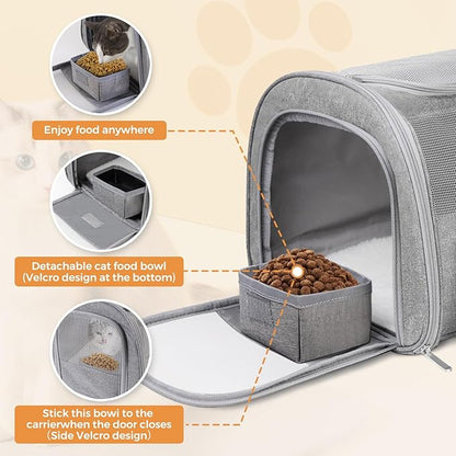 Soft Cat Carrier for Pets Up to 15 lbs, TSA Approved for Airline in-Cabin, Cat Travel Bag with Detachable Cat Food Bowl, Pet Carriers for Small Dogs, Waterproof Travel Puppy Carry, Gray