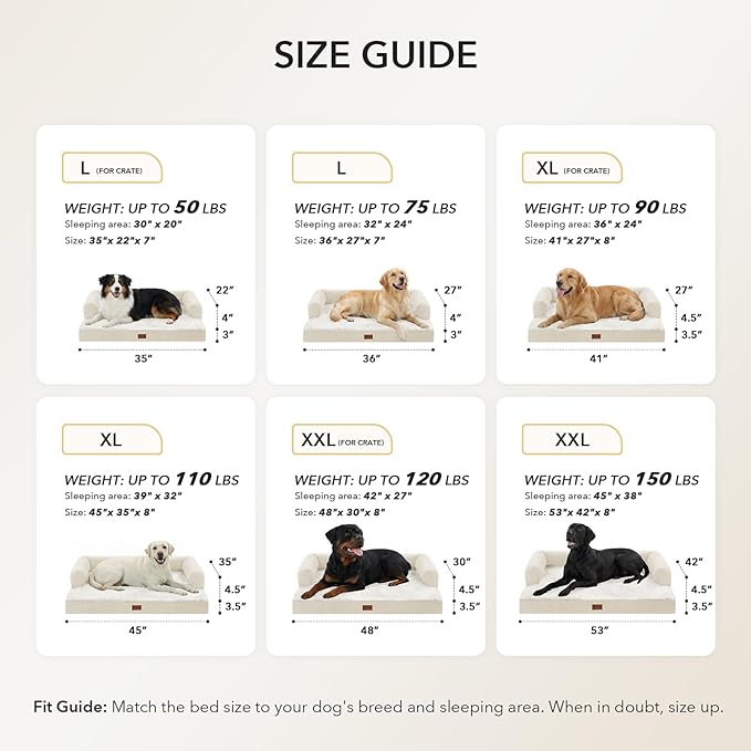 Orthopedic Dog Beds for Large Sized Dogs, Waterproof Egg Crate Foam Large Dog Couch Beds with Comfy Bolster 36x27Inch, Washable Pet Beds with Removable Cover and Nonskid Bottom, Beige