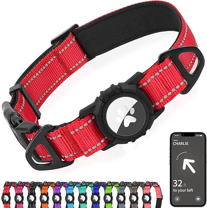 Joytale Airtag Dog Collar, Reflective Pet Collar with Waterproof AirTag Holder, Dual D-Rings, Soft Padded Adjustable for Medium Dogs, Adjustable Length 15"-20", Red, M