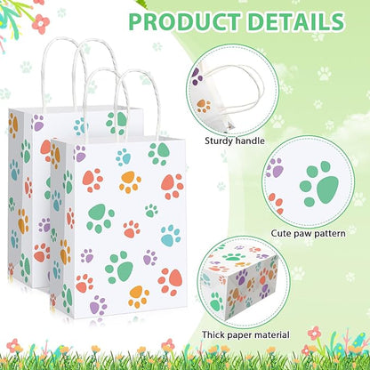 Blulu 20 Pcs Spring Puppy Dog Paw Gift Bags with Handles, Dog Paper Treat Goodie Bags for Animal Pet Party Favors, 6.3 x 3.1 x 8.6 Inch