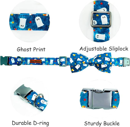 Halloween Dog Collar, Ghost Print Adjustable Pet Collar Blue Cute Cotton Soft Collars with Bow Tie Fall Metal Buckle Holiday Puppy Collars Boy&Girl Gift for X-Large Dogs