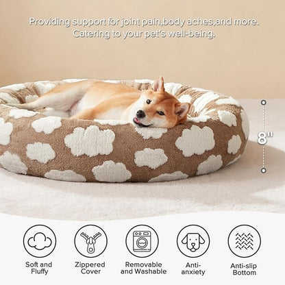JOEJOY Donut Small Dog Bed, Round Cat Beds for Indoor Cats with Removable Washable Cover, Orthopedic Cute Puppy Kitten Pet Bed with Jacquard Shaggy Plush & Non Skid Bottom, Black