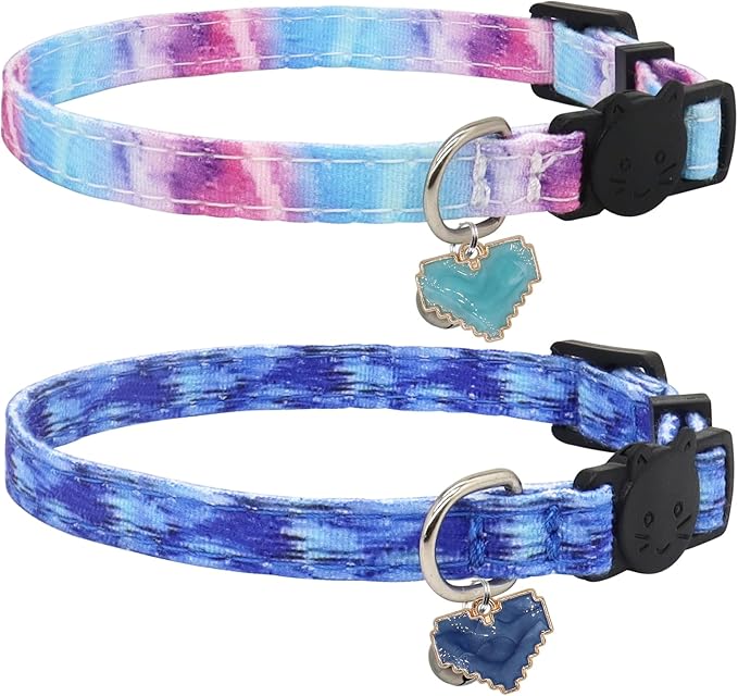 Cat Collar Breakaway, 2 Pack Cotton Cats Collars with Bells, Cute Heart Shaped for Girl Boy Kittens
