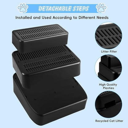 Adjustable 3 Steps Litter Box Ramp, Litter Box Step with Filter Function, Easy to Clean Cat Litter Stair Catcher for Older Cats and Small Cats (Black)