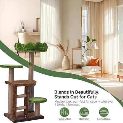 Cat Tree, 37.4-Inch Cat Tower with Plush Cozy Perch for Indoor Cats, Sturdy Tower with Fully Sisal-Wrapped Columns and Plush Toy Ball for Kitty Play, Green