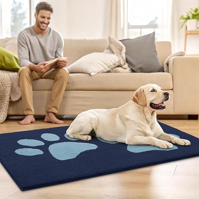 Buganda Dog Door Mat for Muddy Paws, Absorbent Dirt Trapper Washable Indoor Doormats, Non Slip Low-Profile Mud Mat for Dogs, Front Entrance Doormat for Inside Floor (30x20 Inches, Dark Blue)