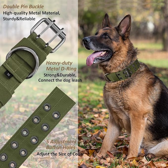 Tactical Dog Collar with Handle, Military Adjustable Heavy Duty Metal Buckle Dog Collars Soft Nylon Training Collar for Medium Large Dogs (Green, Medium)