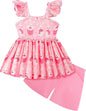 Toddler Baby Girls Summer Clothes Outfits Ruffled Sleeve Dinosaur Shirt Leopard Tops and Shorts Pants Sets 2PCS