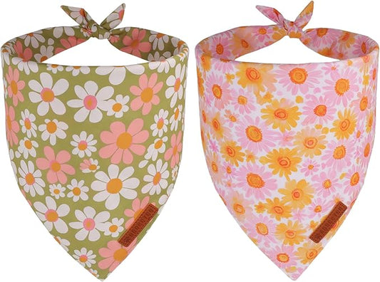 ADOGGYGO Floral Dog Bandanas 2 Pack, Daisy Flower Puppy Scarf, Premium Fabric, Adjustable Fit Spring Summer Floral Bandanas for Small Dogs (Small)