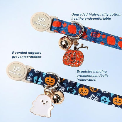 Halloween Cat Collar-2Pack Autumn Pumpkin Kitten Collars-Funny Halloween Ghost Breakaway Kitty Collars-Cute Ghost & Pumpkin Pendants,Fall Cat Collar with Bell, for Girl & Boy Cats